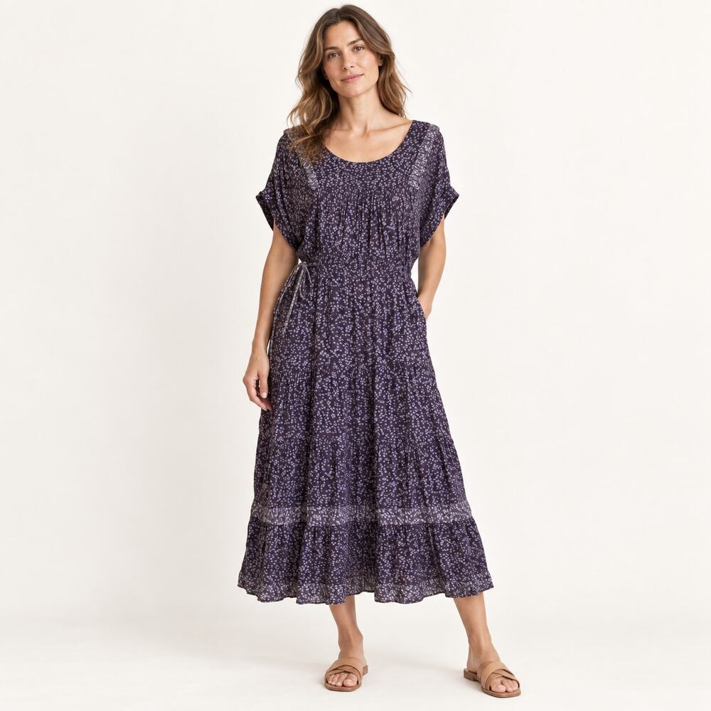 James Perse Purple Ditsy Floral Tiered Midi Dress 2 M